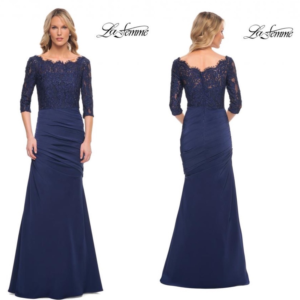 La Femme  Off-Shoulder Ruched Mermaid Gown with sequins. NWOT